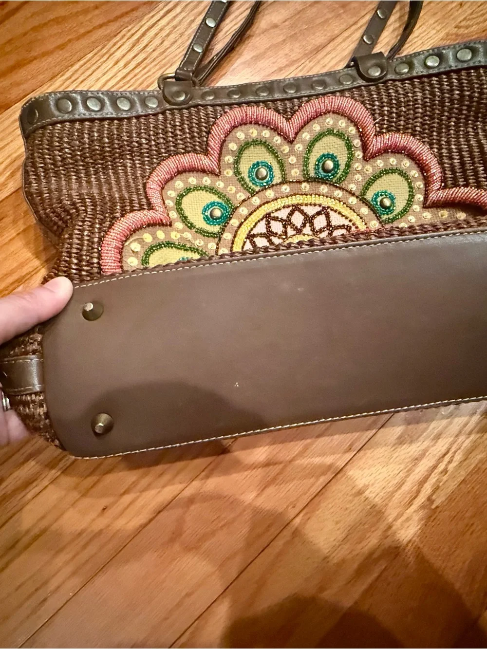 Isabella Fiore Brown Woven Shoulder Bag Beaded Mandala Pink & Green